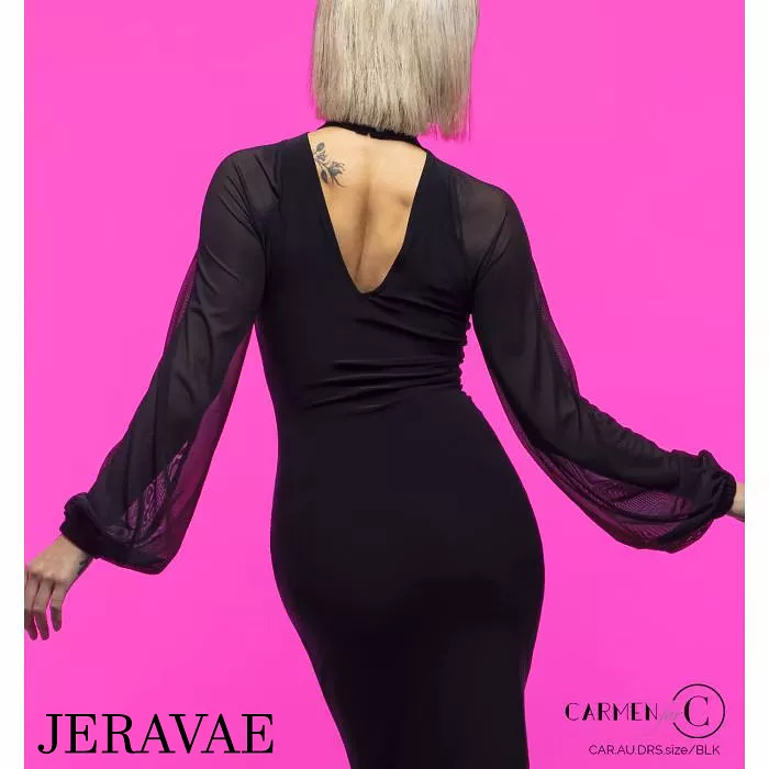 Chrisanne Clover Audrey Black Latin Practice Dress with High Collar, V-Neckline, Sheer Balloon Sleeves, and Pencil Skirt PRA 943