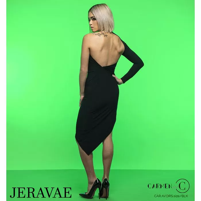 Chrisanne Clover Ava Black Latin Practice Dress with Single Long Sleeve, Asymmetric Neckline, and Angle Cut Skirt PRA 942 in Sto