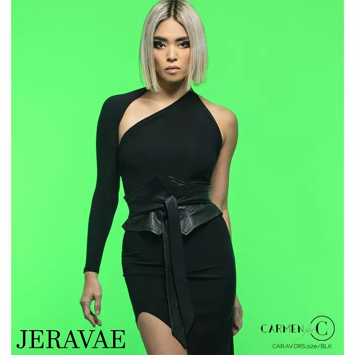 Chrisanne Clover Ava Black Latin Practice Dress with Single Long Sleeve, Asymmetric Neckline, and Angle Cut Skirt PRA 942 in Sto