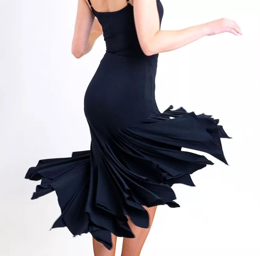 Chrisanne Clover Comet Black Latin Practice Skirt with Handkerchief Panel and Side Slit PRA 1052 in Stock