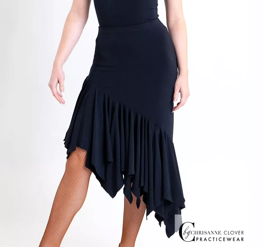 Chrisanne Clover Comet Black Latin Practice Skirt with Handkerchief Panel and Side Slit PRA 1052 in Stock