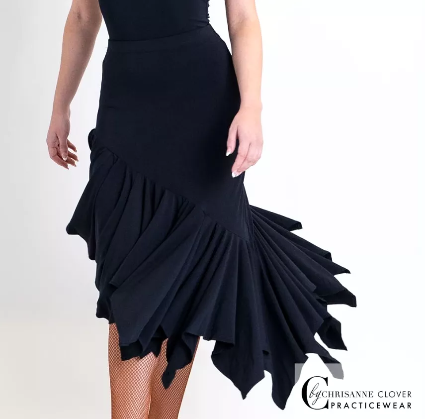 Chrisanne Clover Comet Black Latin Practice Skirt with Handkerchief Panel and Side Slit PRA 1052 in Stock