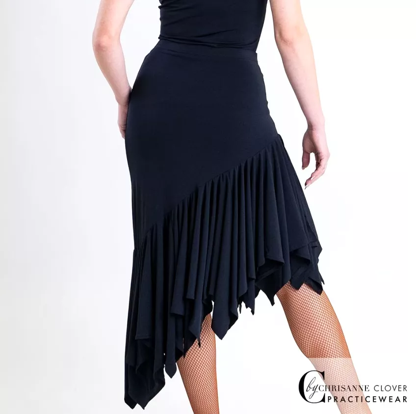 Chrisanne Clover Comet Black Latin Practice Skirt with Handkerchief Panel and Side Slit PRA 1052 in Stock