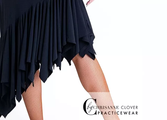 Chrisanne Clover Comet Black Latin Practice Skirt with Handkerchief Panel and Side Slit PRA 1052 in Stock