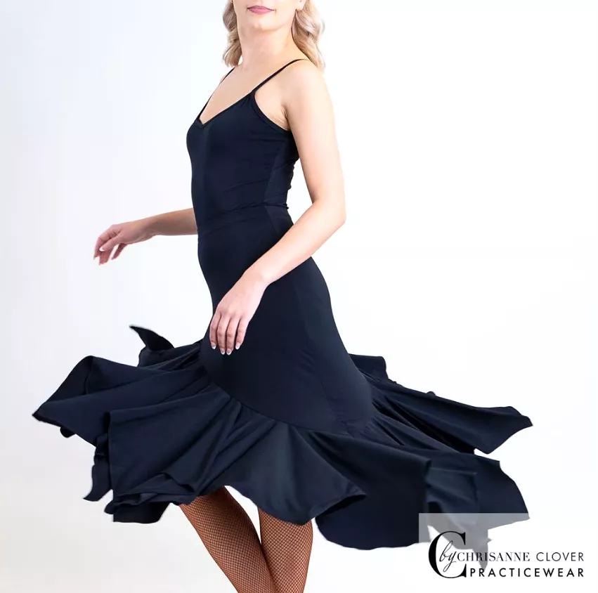 Chrisanne Clover Comet Black Latin Practice Skirt with Handkerchief Panel and Side Slit PRA 1052 in Stock