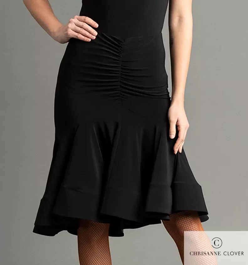 Chrisanne Clover Freya Black Latin Practice Skirt with Rouching on Front and Back PRA 1062 in Stock