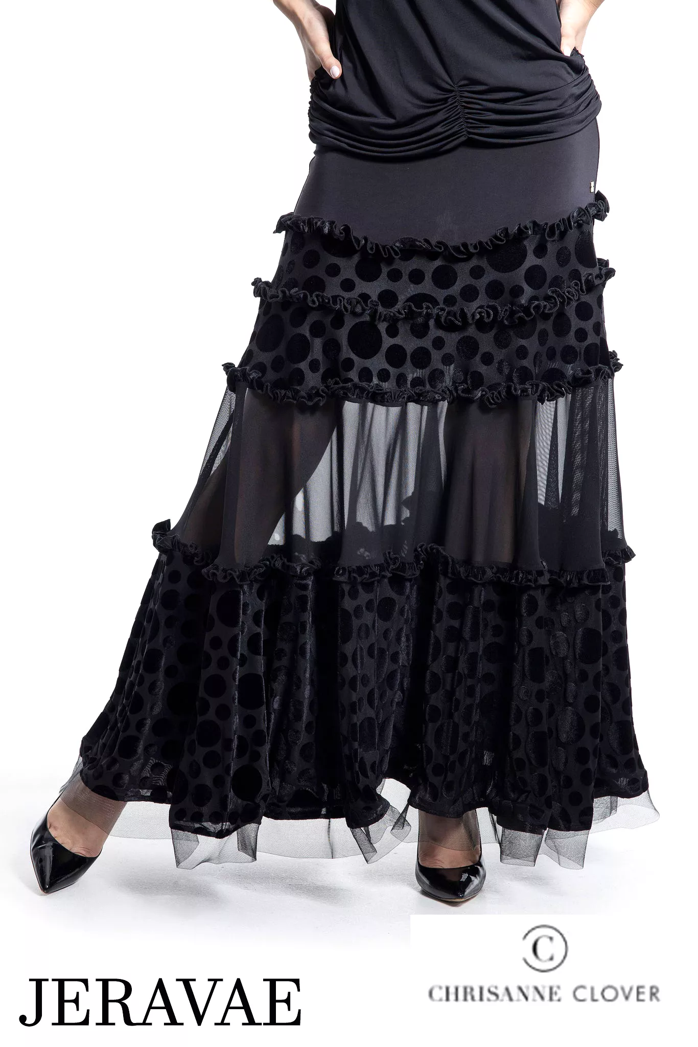 Chrisanne Clover LSK01 Polka Dot and Mesh Ruffle Layered Black Ballroom Practice Skirt with Horsehair Hem PRA 925 in Stock