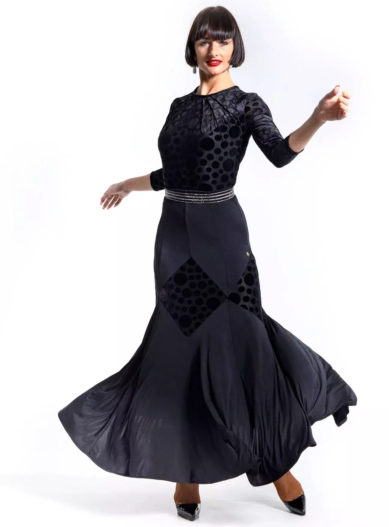 Chrisanne Clover LSK02 Long Black Ballroom Practice Skirt with Velvet Polka Dot Rhombus Pattern PRA 931 in Stock