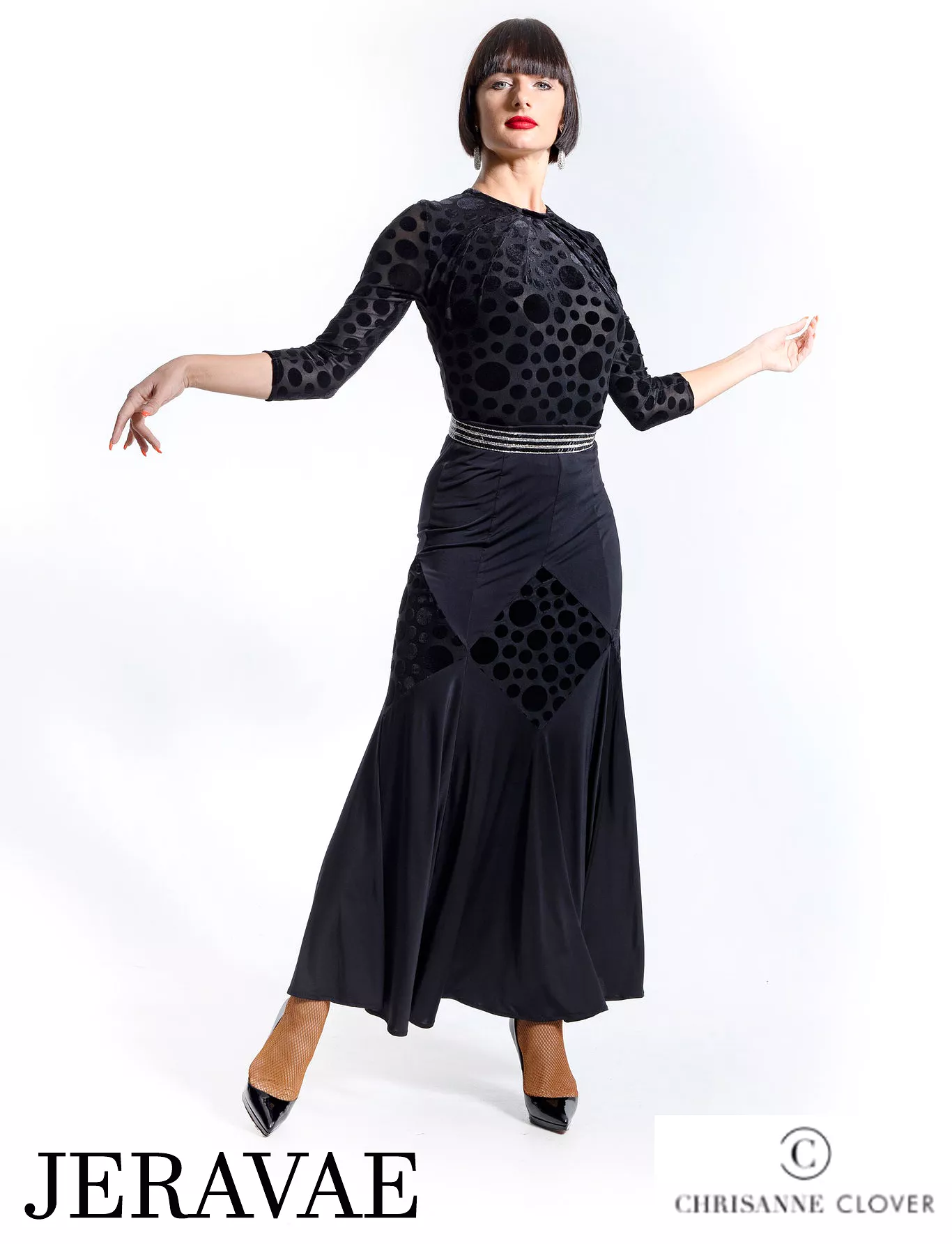 Chrisanne Clover LSK02 Long Black Ballroom Practice Skirt with Velvet Polka Dot Rhombus Pattern PRA 931 in Stock