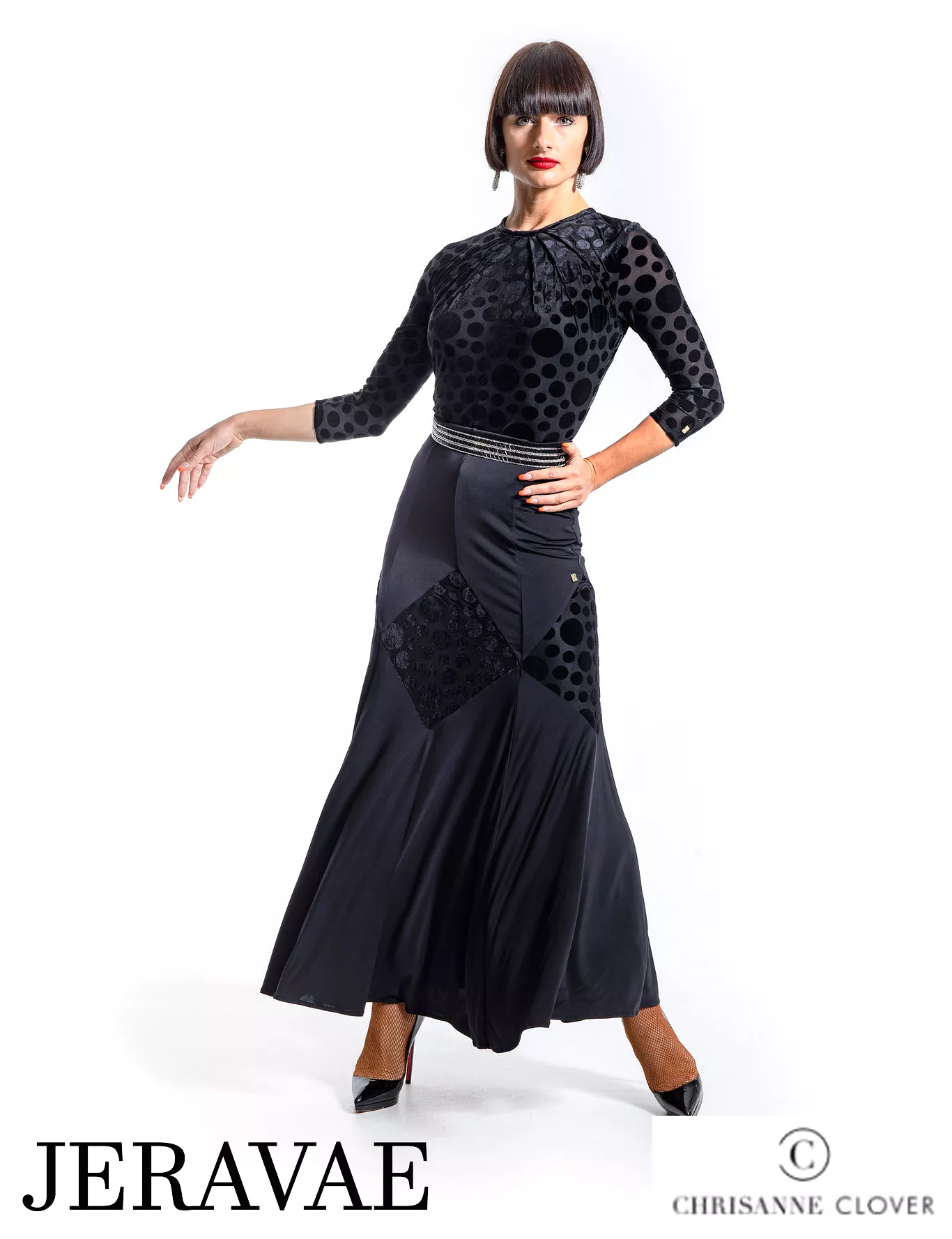 Chrisanne Clover LSK02 Long Black Ballroom Practice Skirt with Velvet Polka Dot Rhombus Pattern PRA 931 in Stock