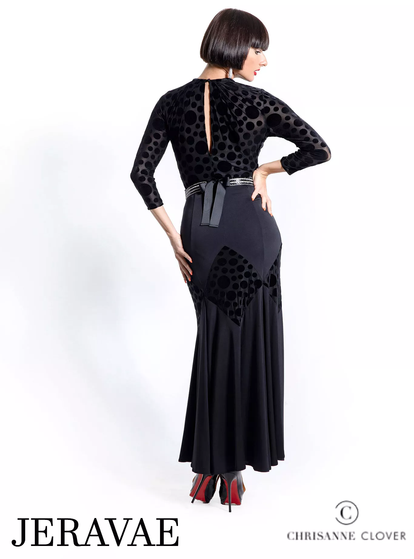 Chrisanne Clover LSK02 Long Black Ballroom Practice Skirt with Velvet Polka Dot Rhombus Pattern PRA 931 in Stock