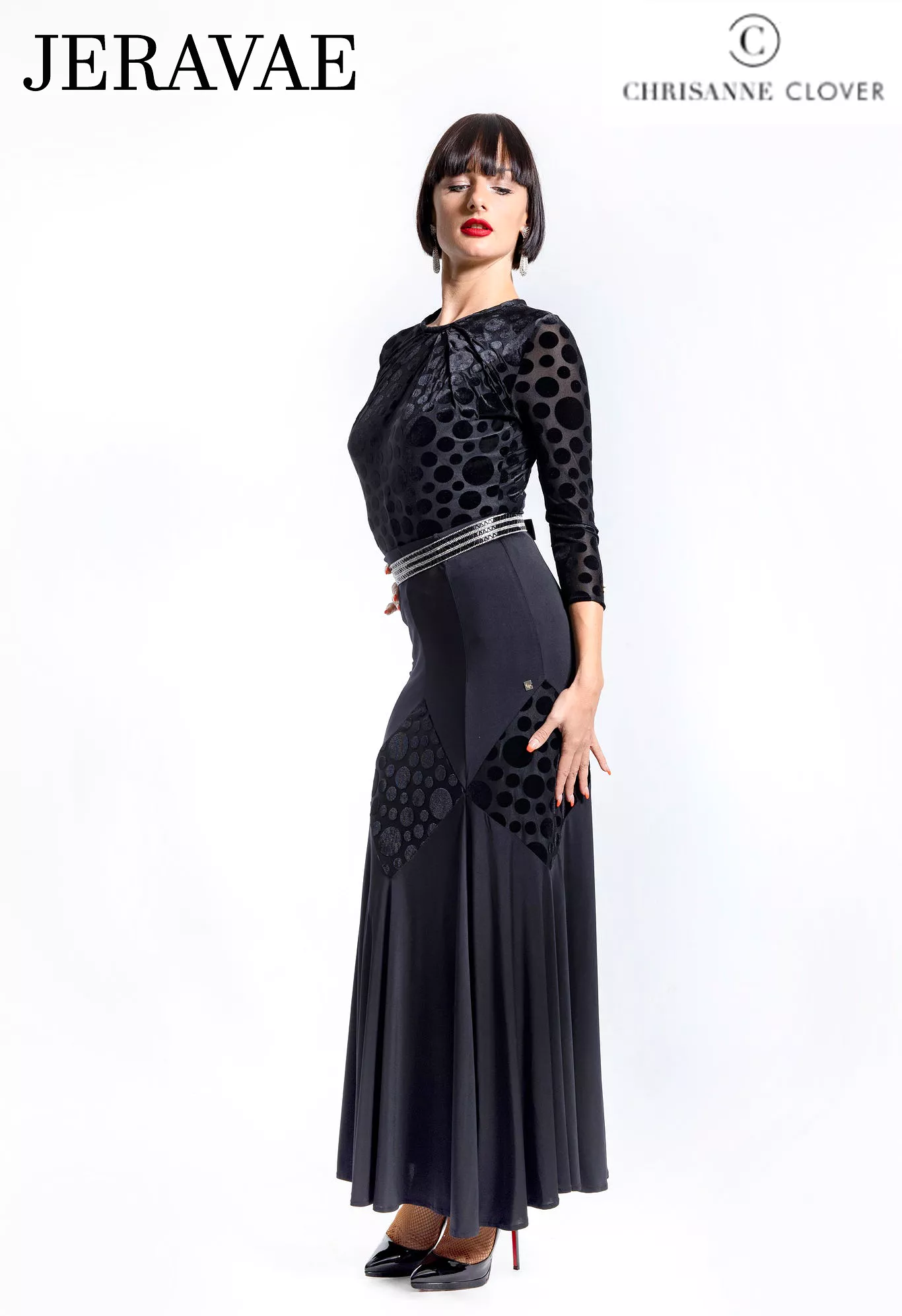 Chrisanne Clover LSK02 Long Black Ballroom Practice Skirt with Velvet Polka Dot Rhombus Pattern PRA 931 in Stock