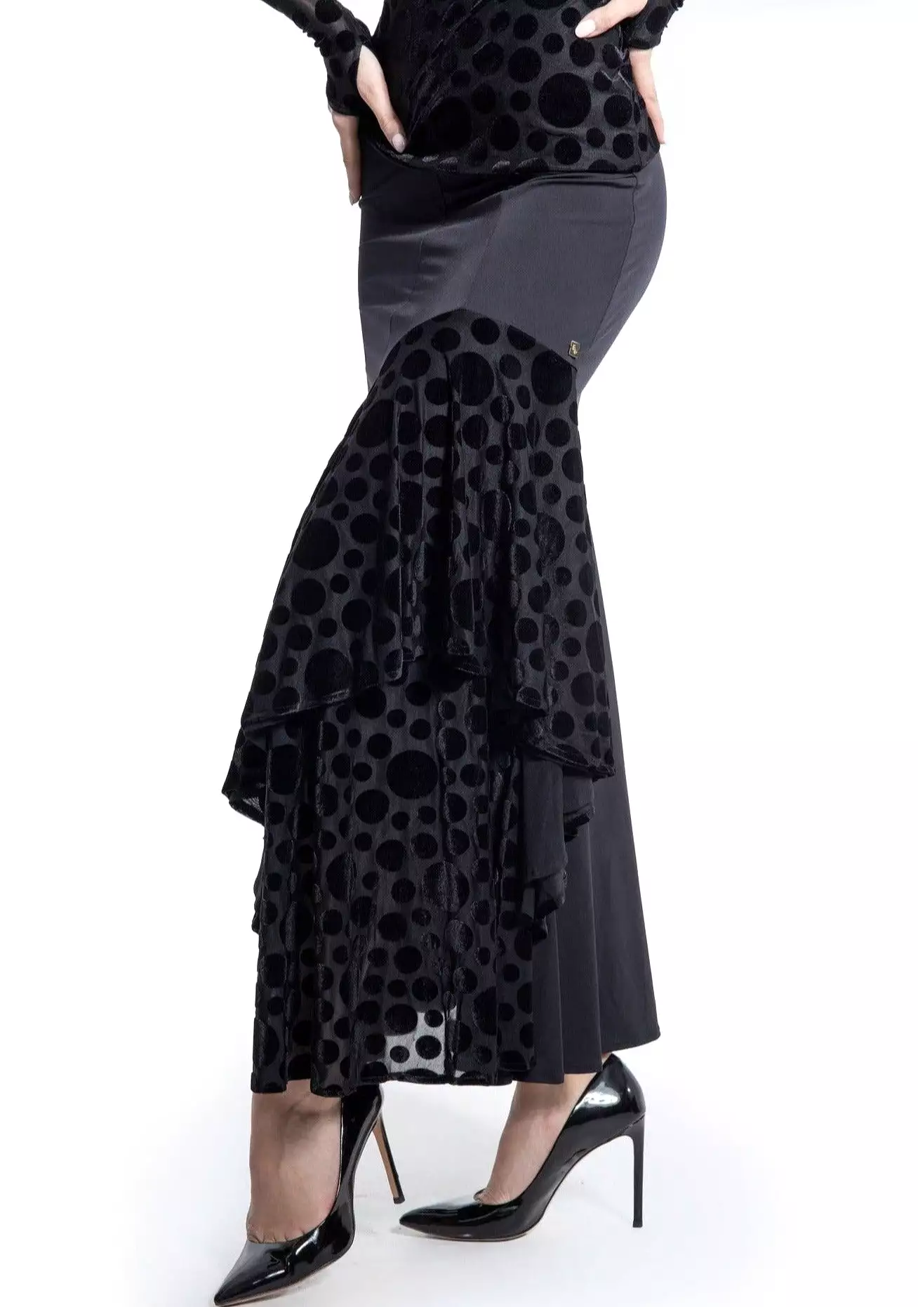 Chrisanne Clover LSK03 Long Black Ballroom Practice Skirt with Velvet Polka Dot Asymmetric Ruffles at Side PRA 930 in Stock