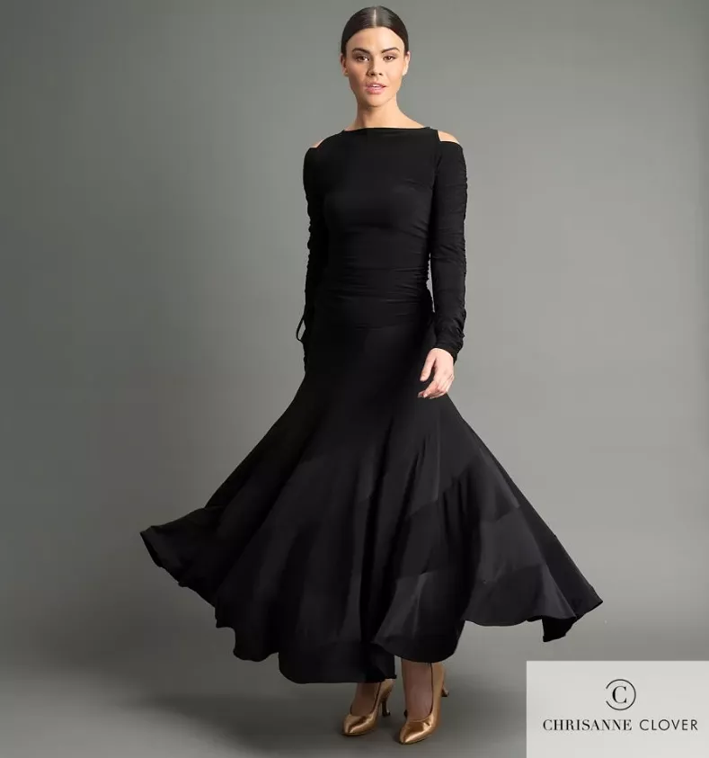 Chrisanne Clover Luna Long Black Ballroom Practice Skirt with Spiral Panels PRA 1057 in Stock