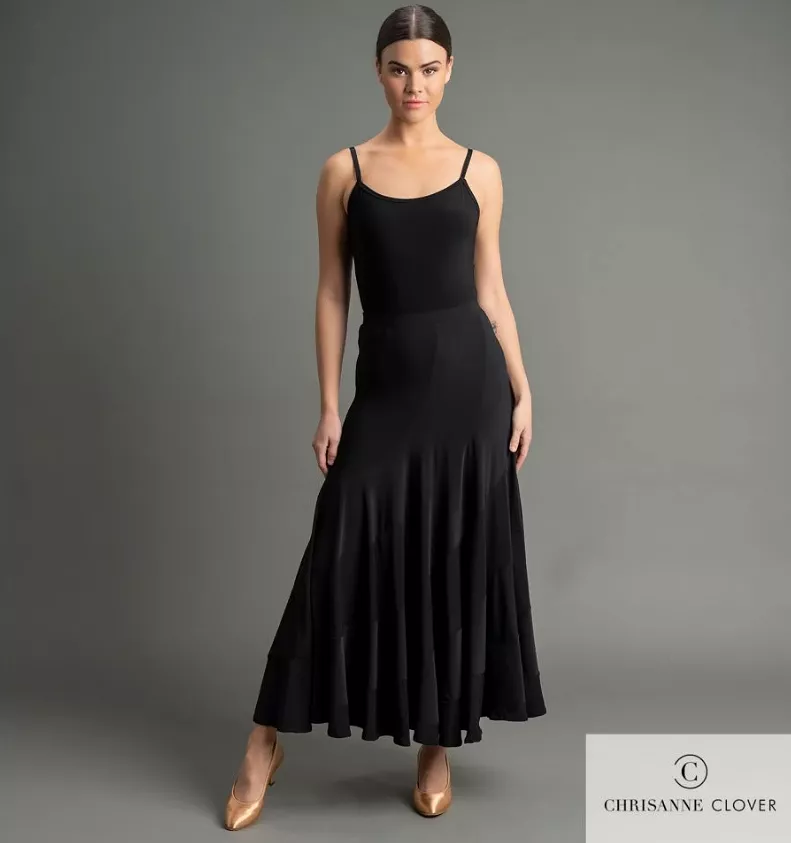 Chrisanne Clover Luna Long Black Ballroom Practice Skirt with Spiral Panels PRA 1057 in Stock