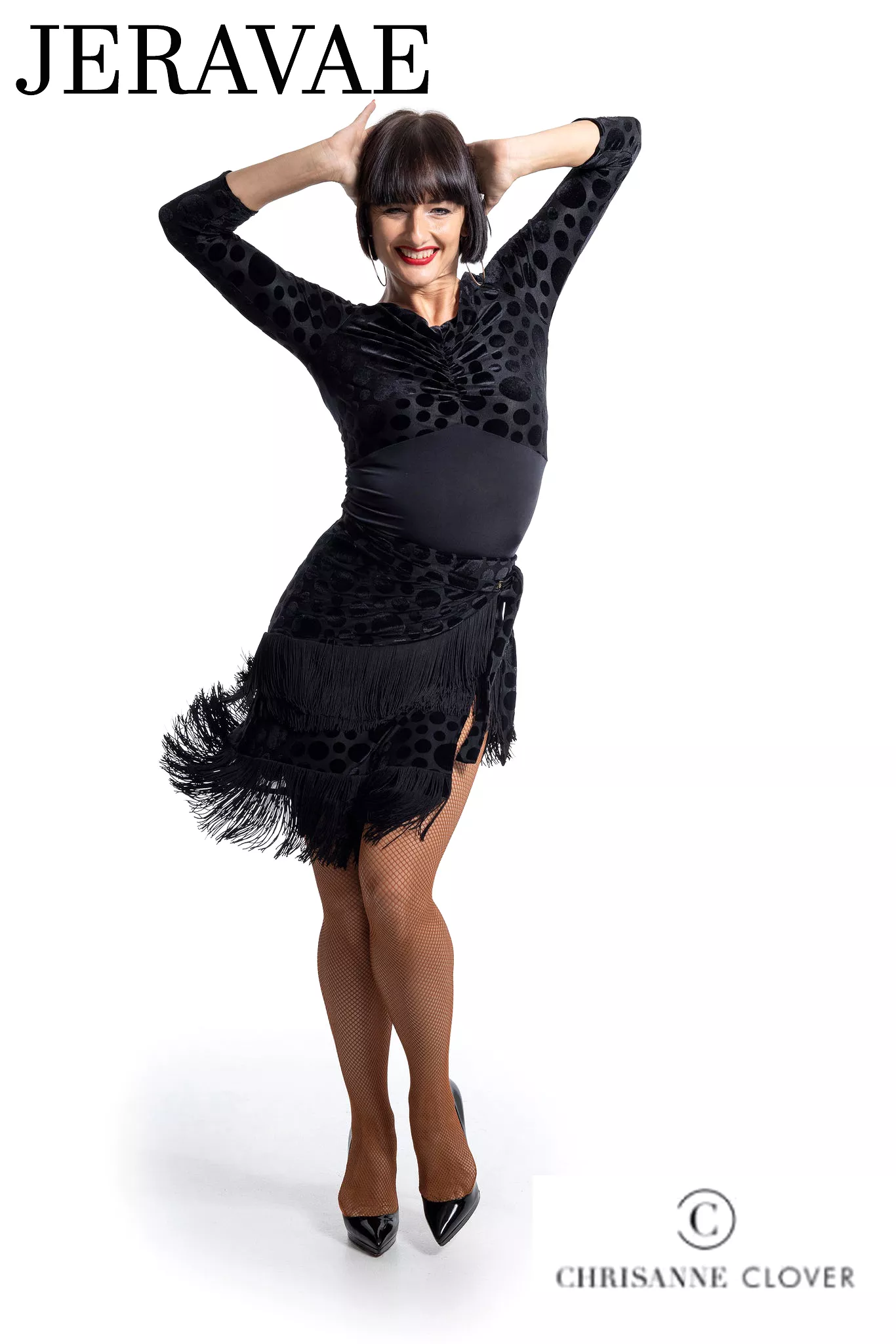 Chrisanne Clover SSK01 Black Velvet Polka Dot Latin Practice Skirt with Layers of Fringe, Wrap Cover, and Tying Bow PRA 927 in S