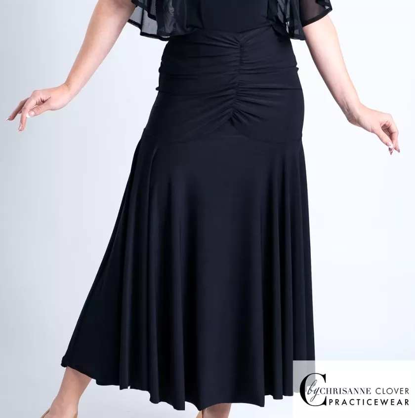 Chrisanne Clover Venus Black Ballroom Practice Skirt with Rouching and Short Godets PRA 1066 in Stock