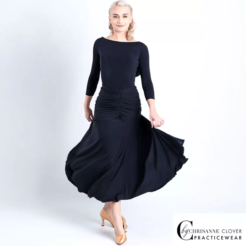 Chrisanne Clover Venus Black Ballroom Practice Skirt with Rouching and Short Godets PRA 1066 in Stock