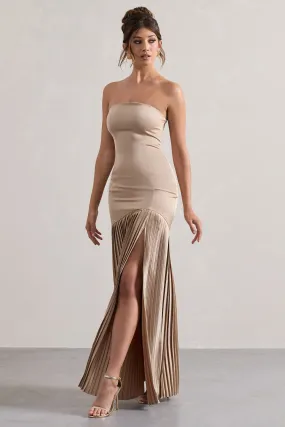 Confidence | Champagne Satin Bandeau Pleated Split Maxi Dress