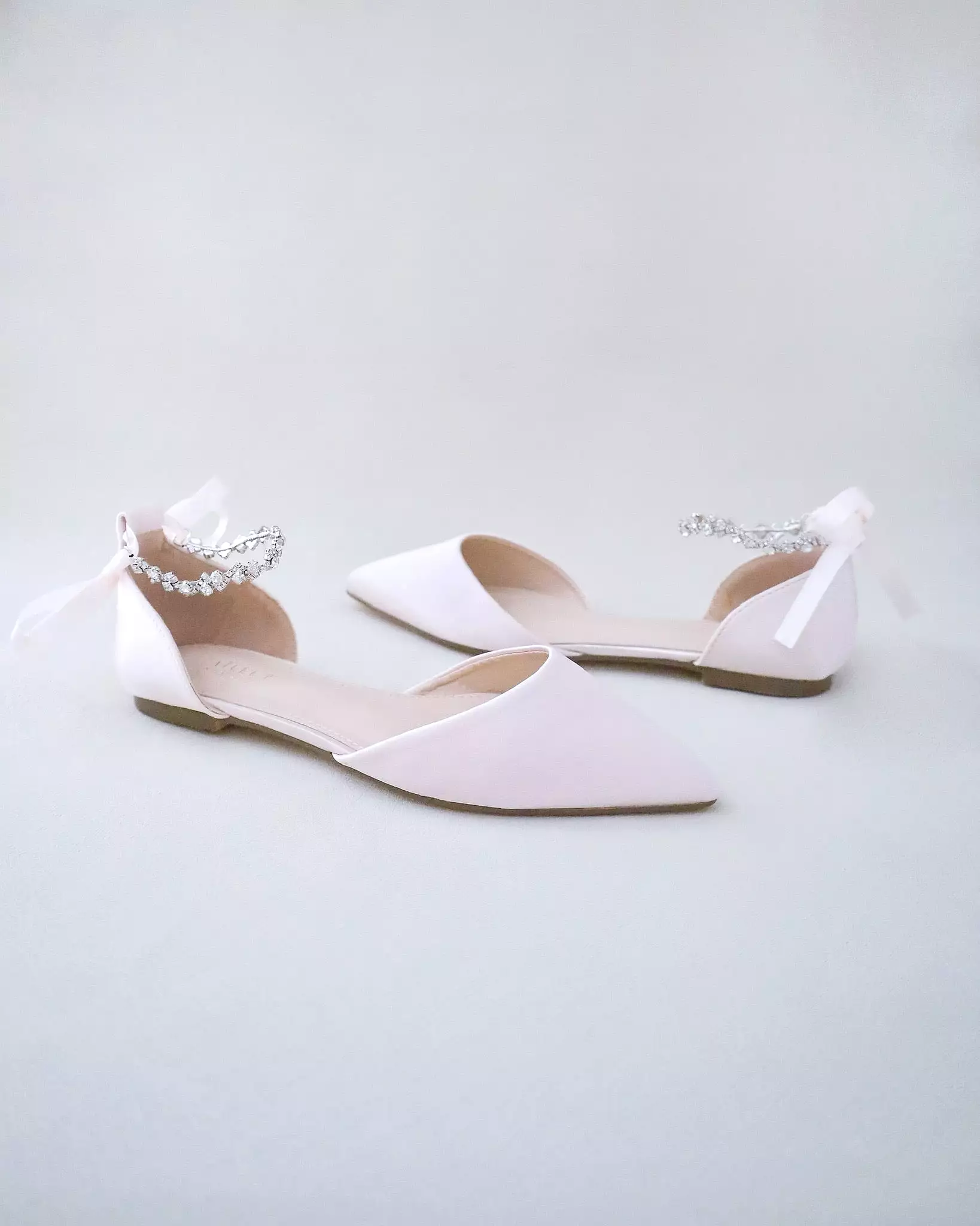 Dusty Pink Satin Pointy Toe Evening Flats with Amaryllis Strap