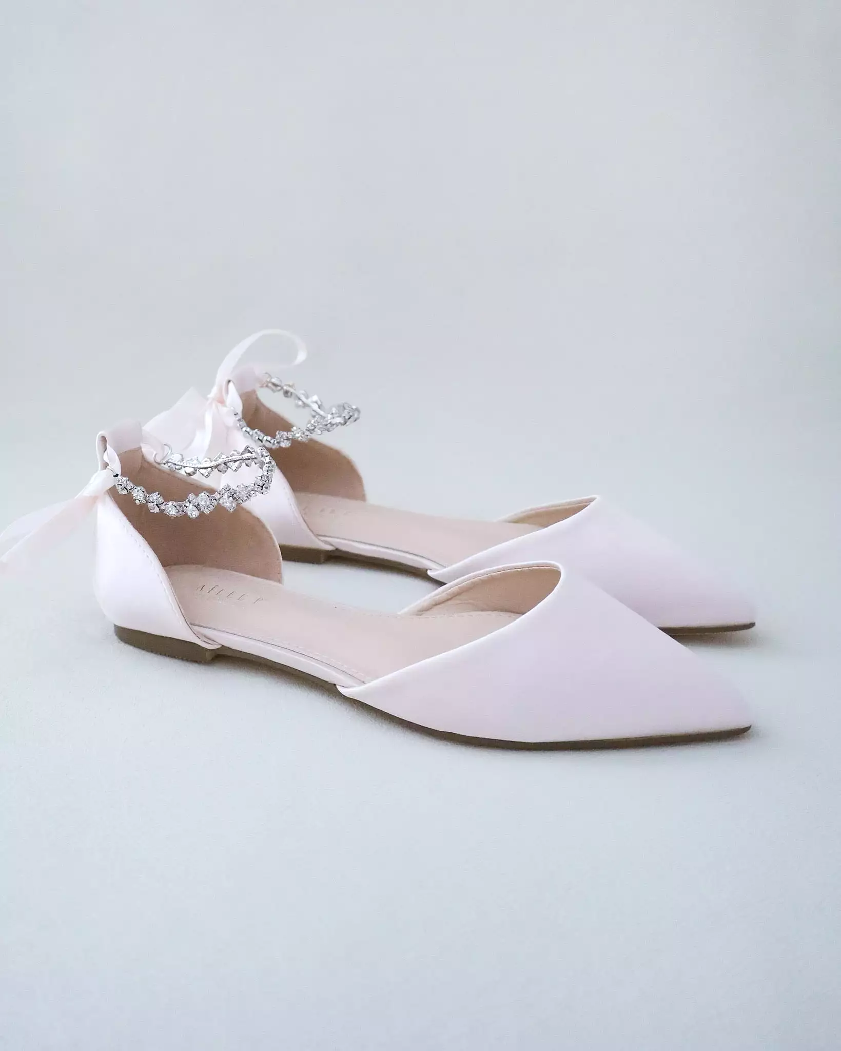 Dusty Pink Satin Pointy Toe Evening Flats with Amaryllis Strap