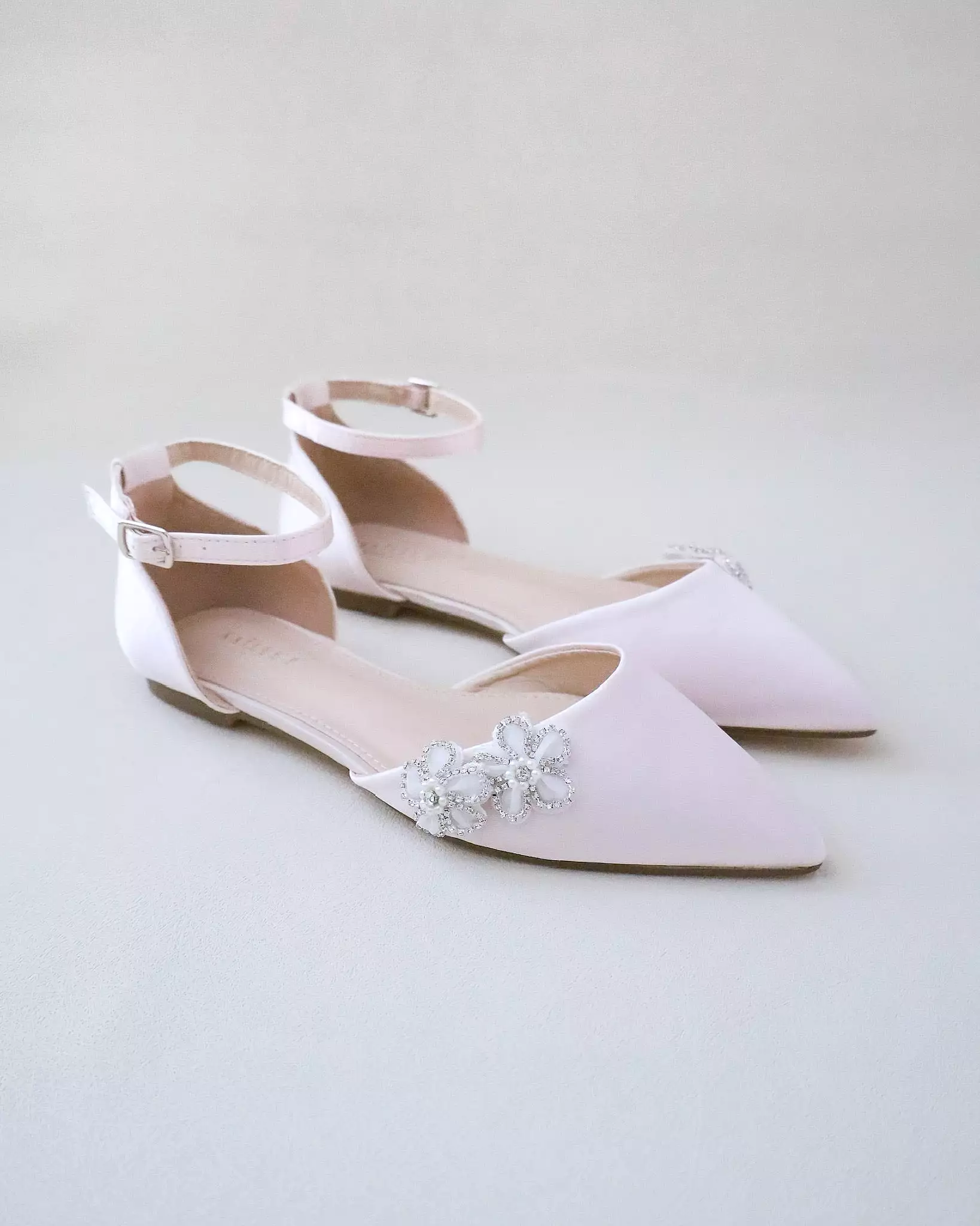 Dusty Pink Satin Pointy Toe Evening Flats with Rhinestones Chassia Flower