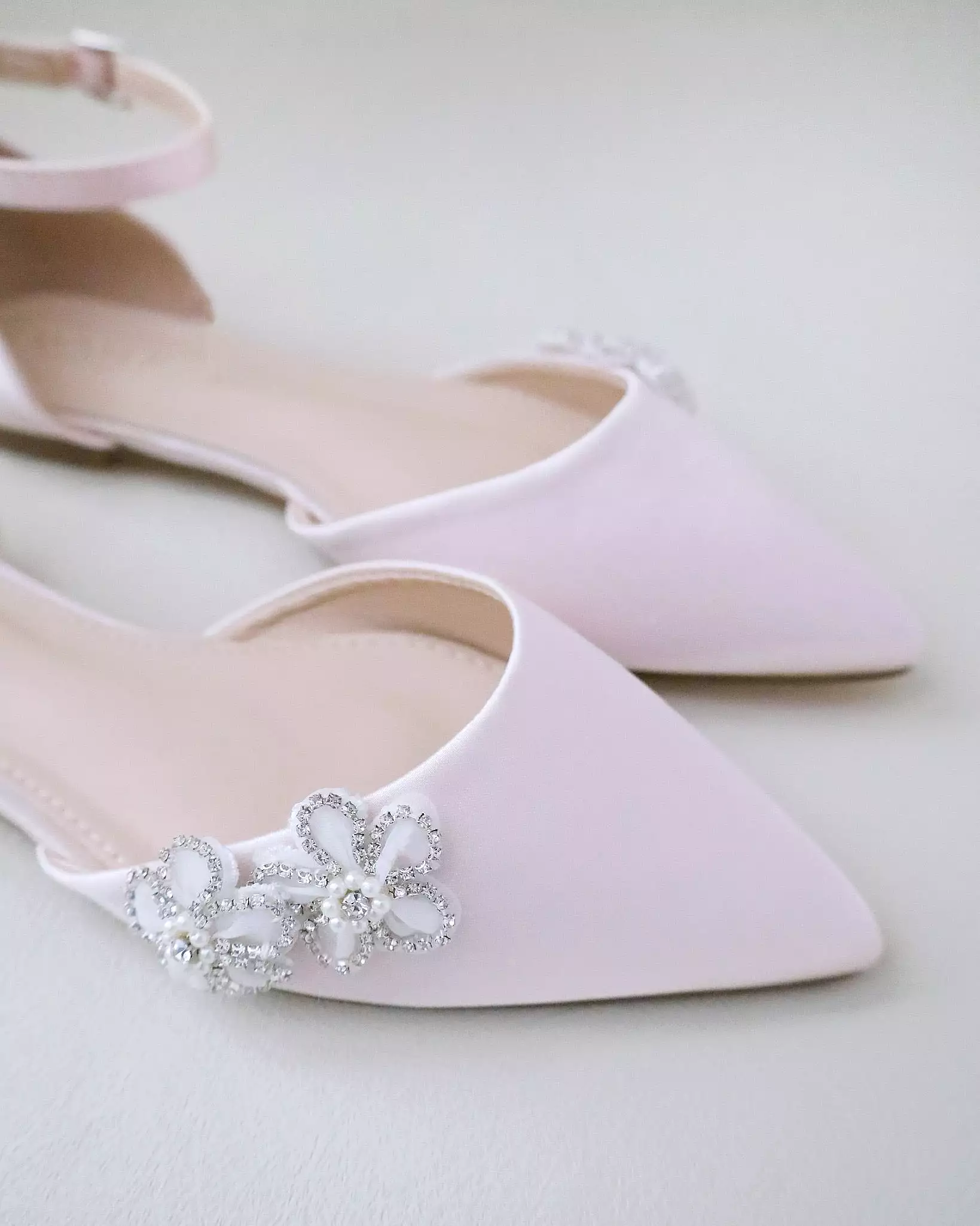 Dusty Pink Satin Pointy Toe Evening Flats with Rhinestones Chassia Flower