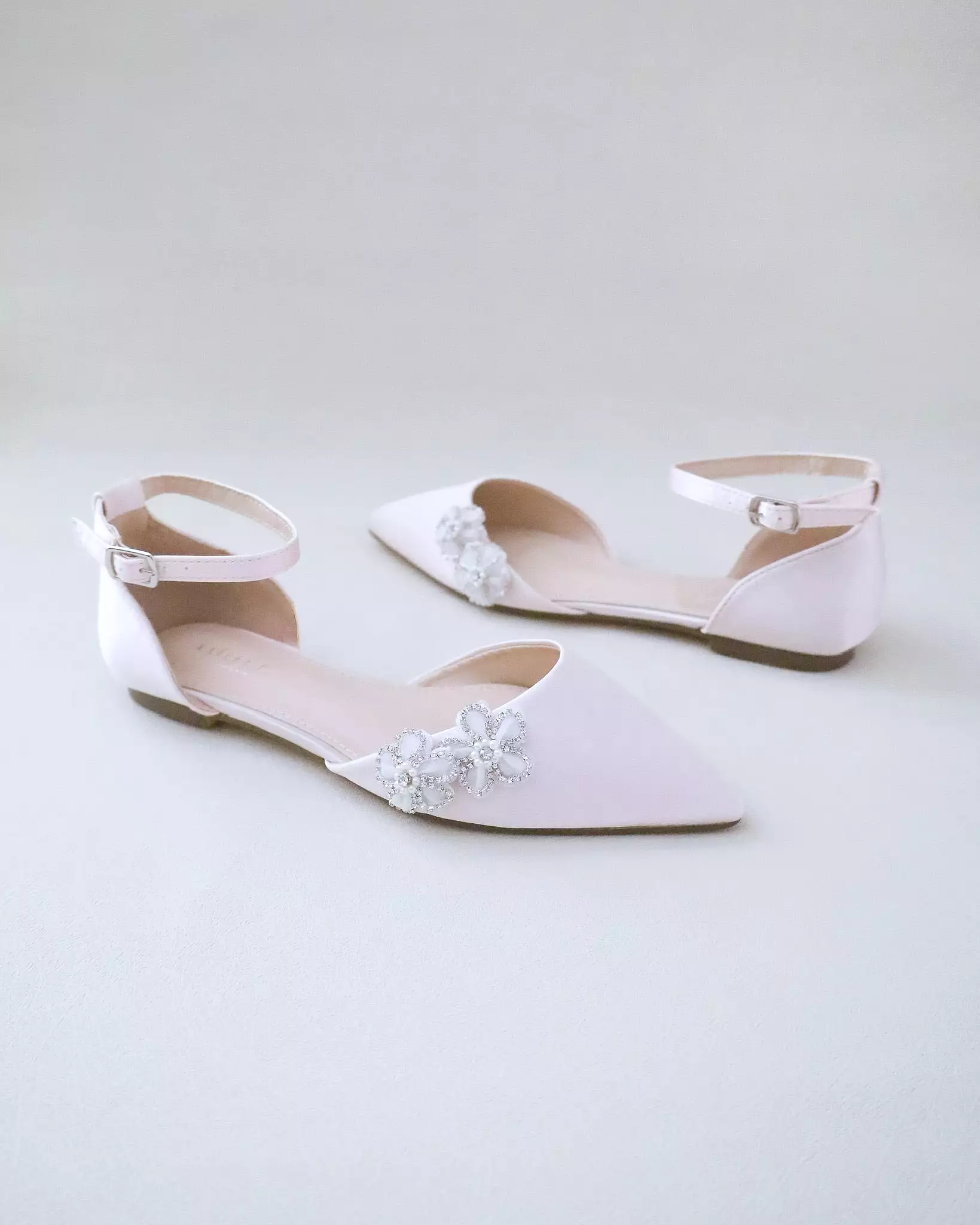 Dusty Pink Satin Pointy Toe Evening Flats with Rhinestones Chassia Flower