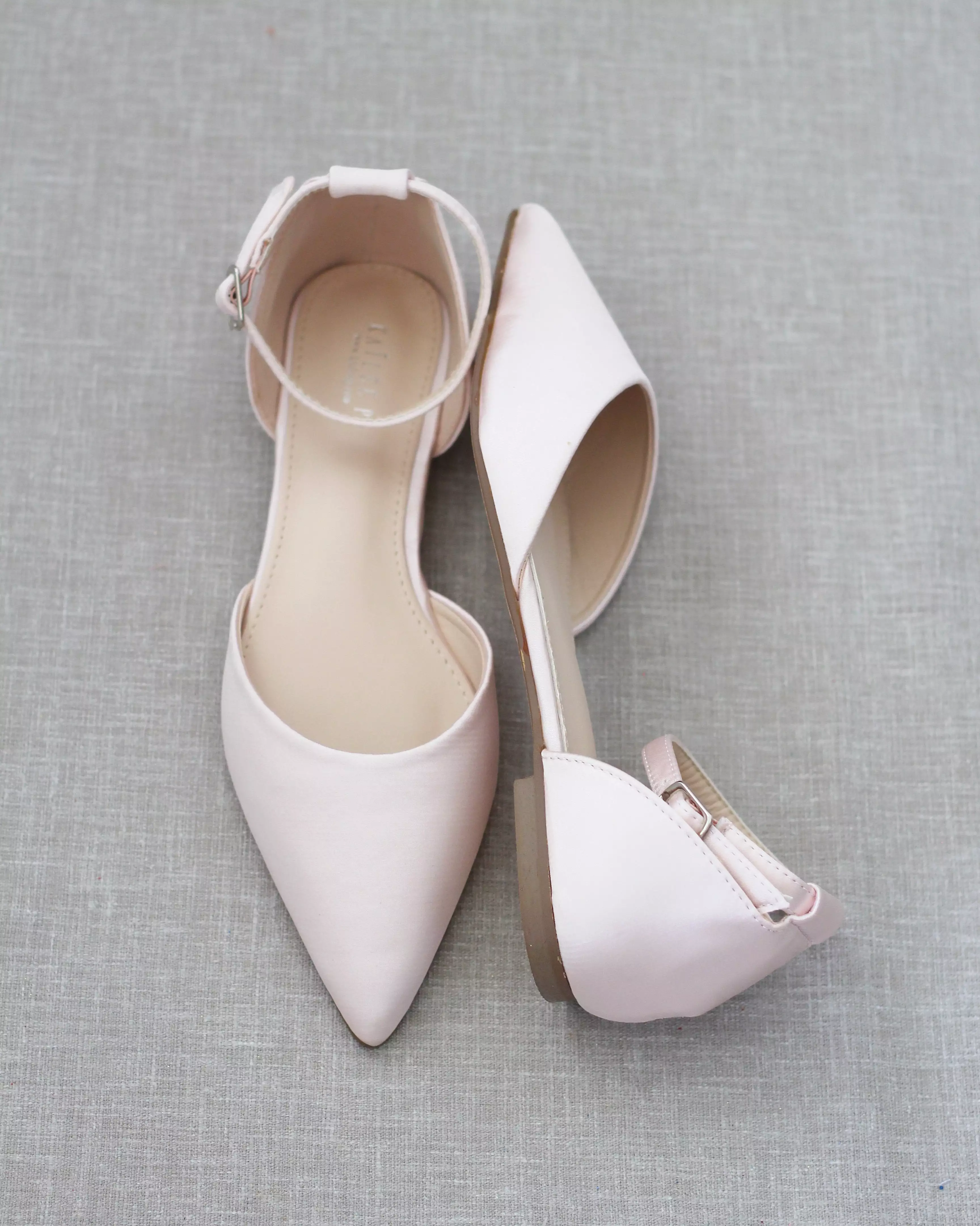 Dusty Pink Satin Pointy Toe Flats with Ankle Strap