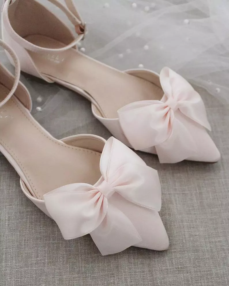 Dusty Pink Satin Pointy Toe flats with Front Satin Bow