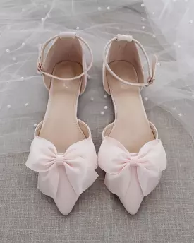 Dusty Pink Satin Pointy Toe flats with Front Satin Bow