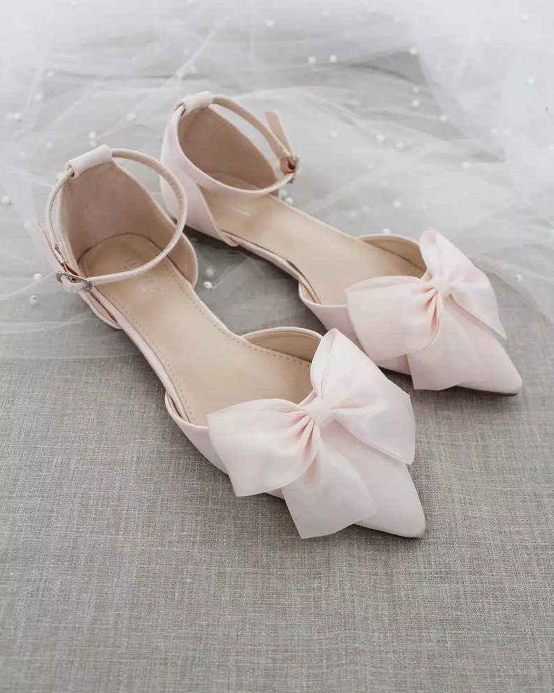 Dusty Pink Satin Pointy Toe flats with Front Satin Bow