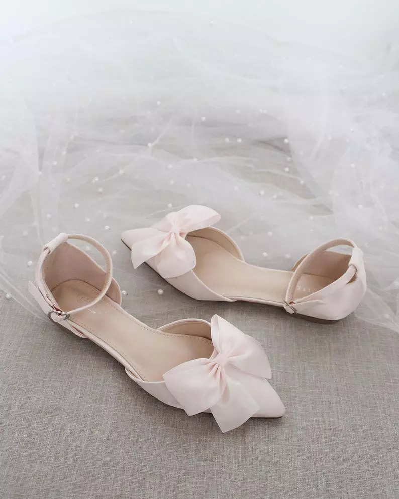 Dusty Pink Satin Pointy Toe flats with Front Satin Bow