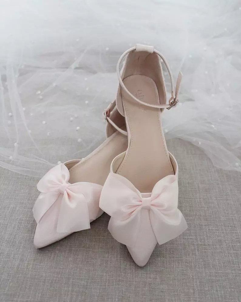 Dusty Pink Satin Pointy Toe flats with Front Satin Bow