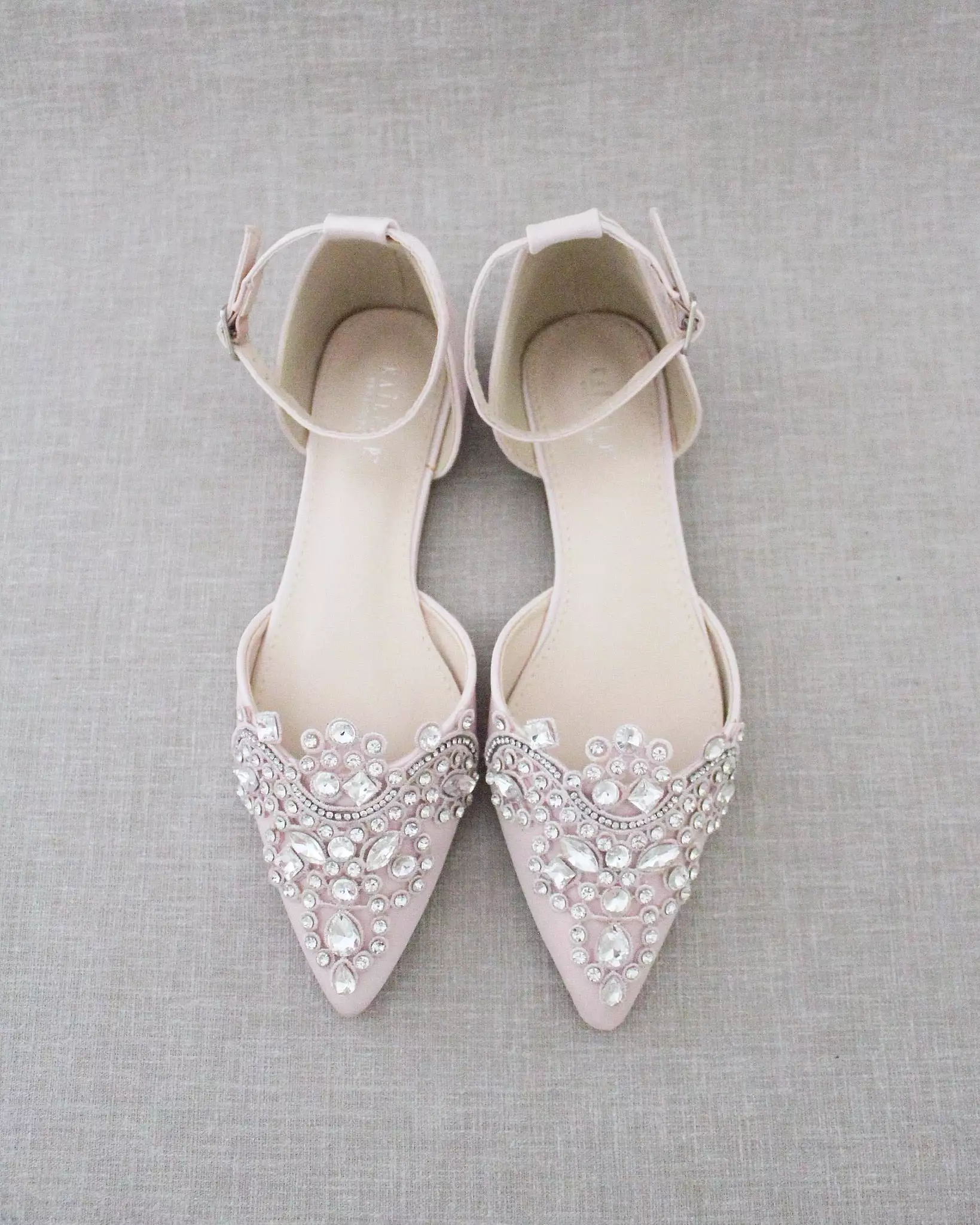 Dusty Pink Satin Pointy Toe Flats with Rhinestones Applique Embellishments