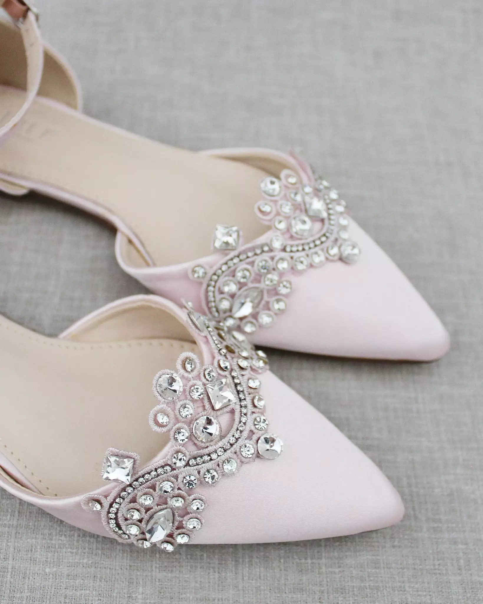 Dusty Pink Satin Pointy Toe Flats with Rhinestones Applique Embellishments