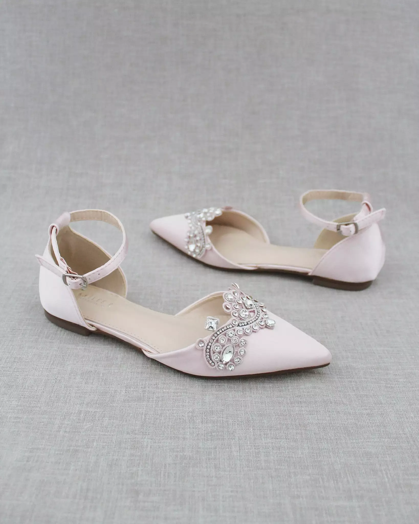 Dusty Pink Satin Pointy Toe Flats with Rhinestones Applique Embellishments