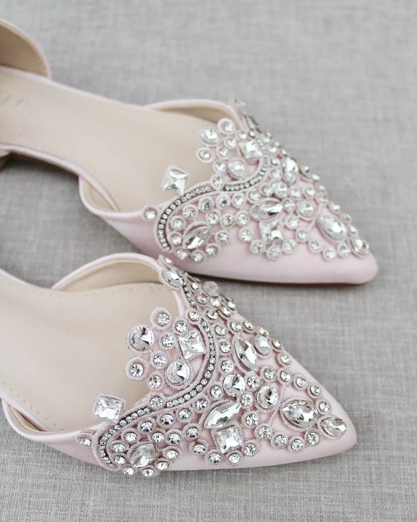 Dusty Pink Satin Pointy Toe Flats with Rhinestones Applique Embellishments