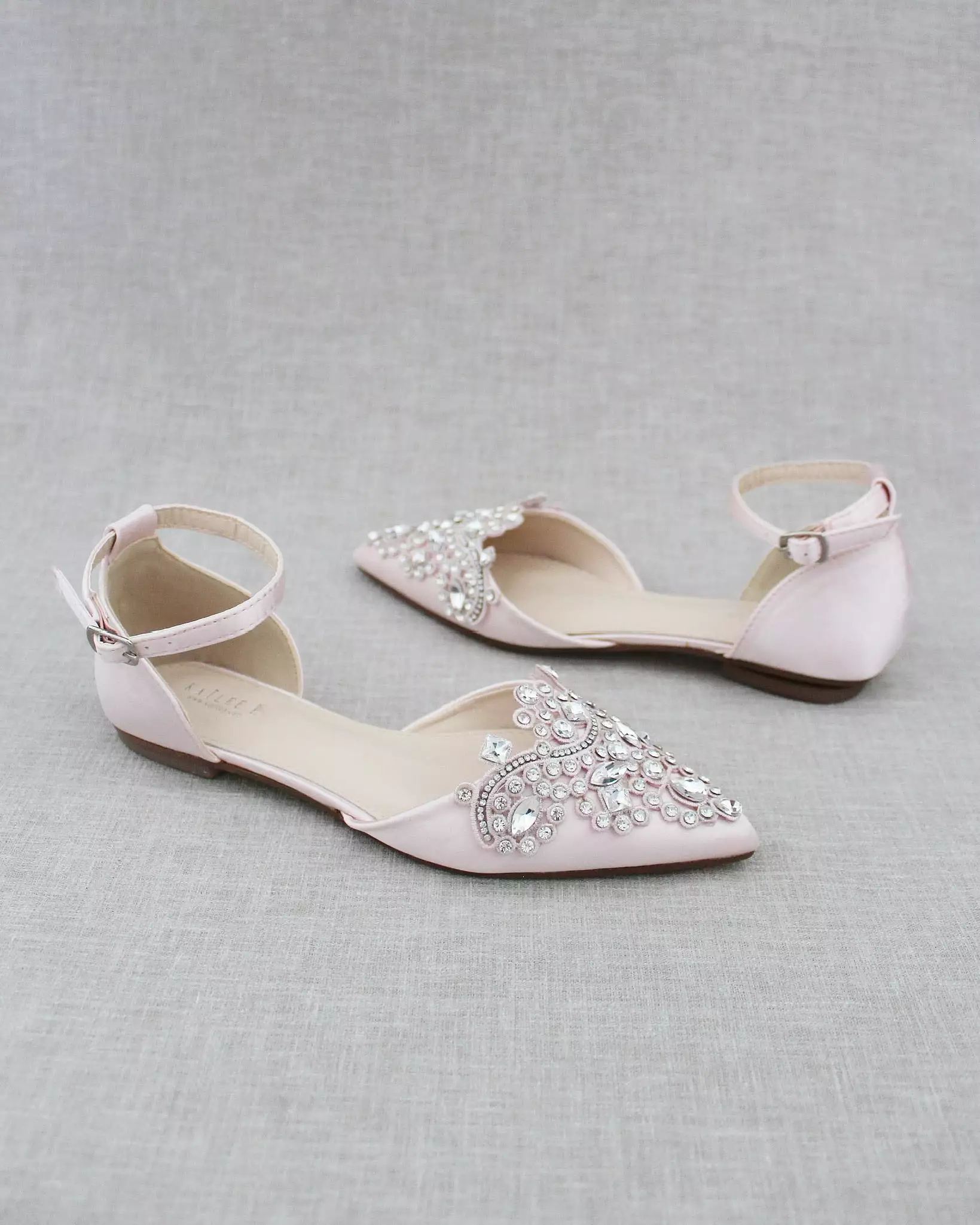 Dusty Pink Satin Pointy Toe Flats with Rhinestones Applique Embellishments