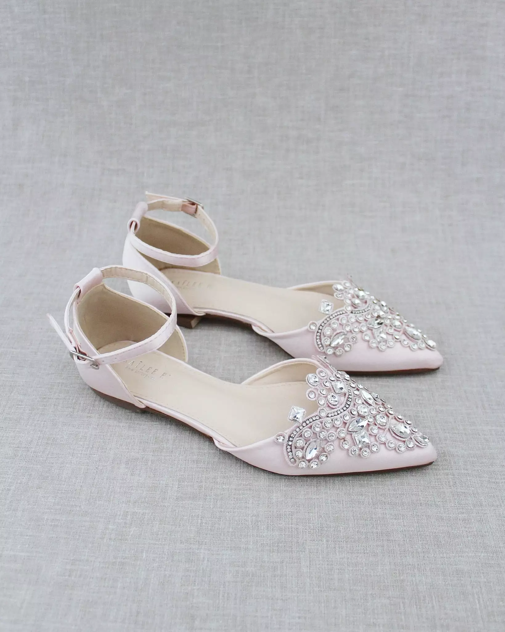 Dusty Pink Satin Pointy Toe Flats with Rhinestones Applique Embellishments