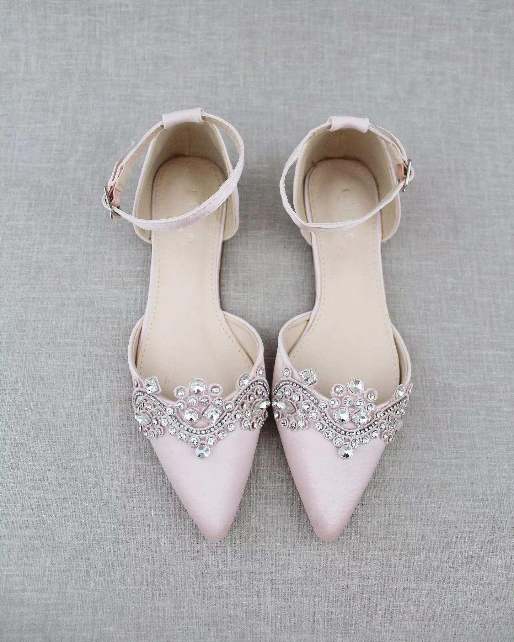 Dusty Pink Satin Pointy Toe Flats with Rhinestones Applique Embellishments