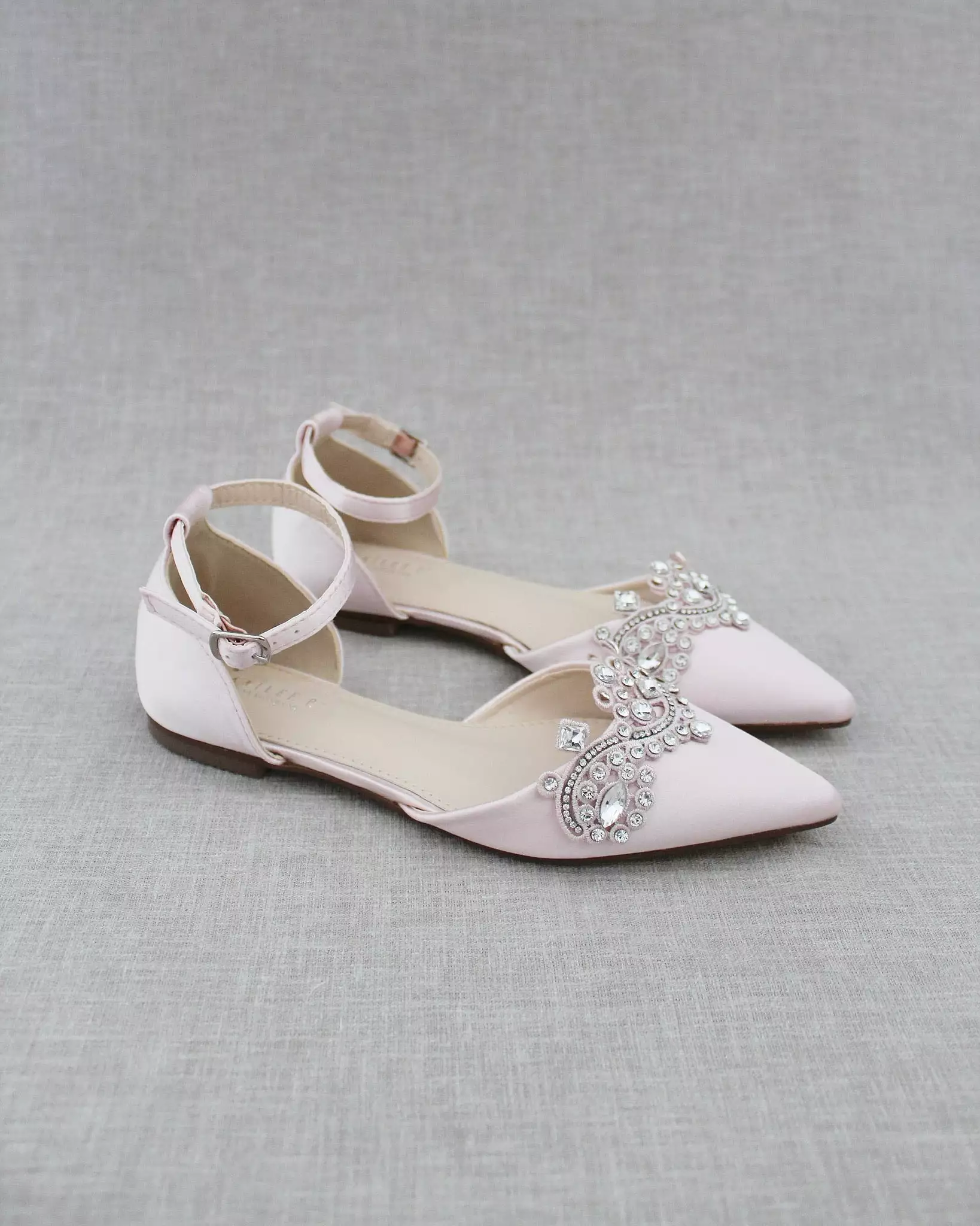 Dusty Pink Satin Pointy Toe Flats with Rhinestones Applique Embellishments