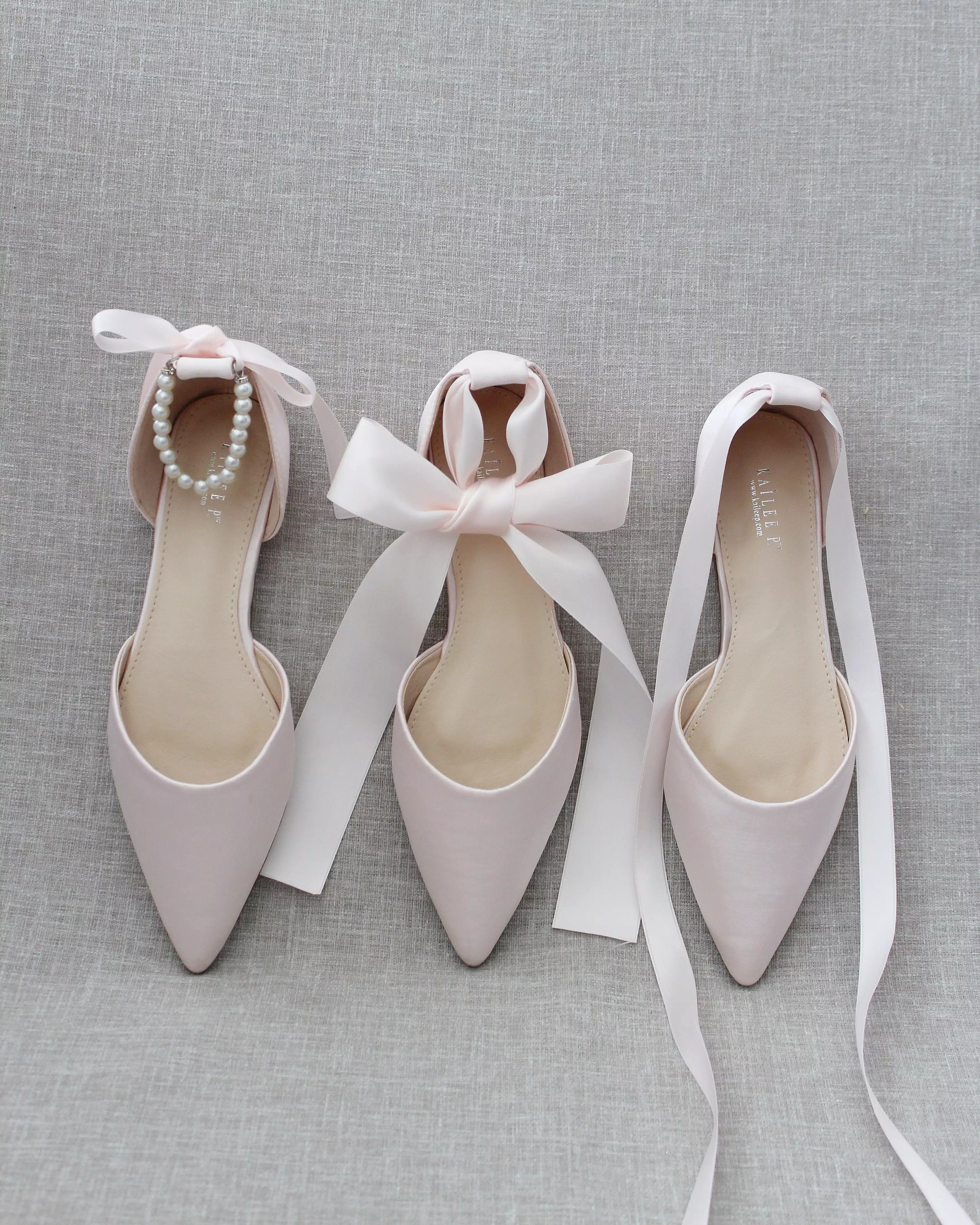 Dusty Pink Satin Pointy Toe Flats with Satin Ankle Tie or Ballerina Lace Up