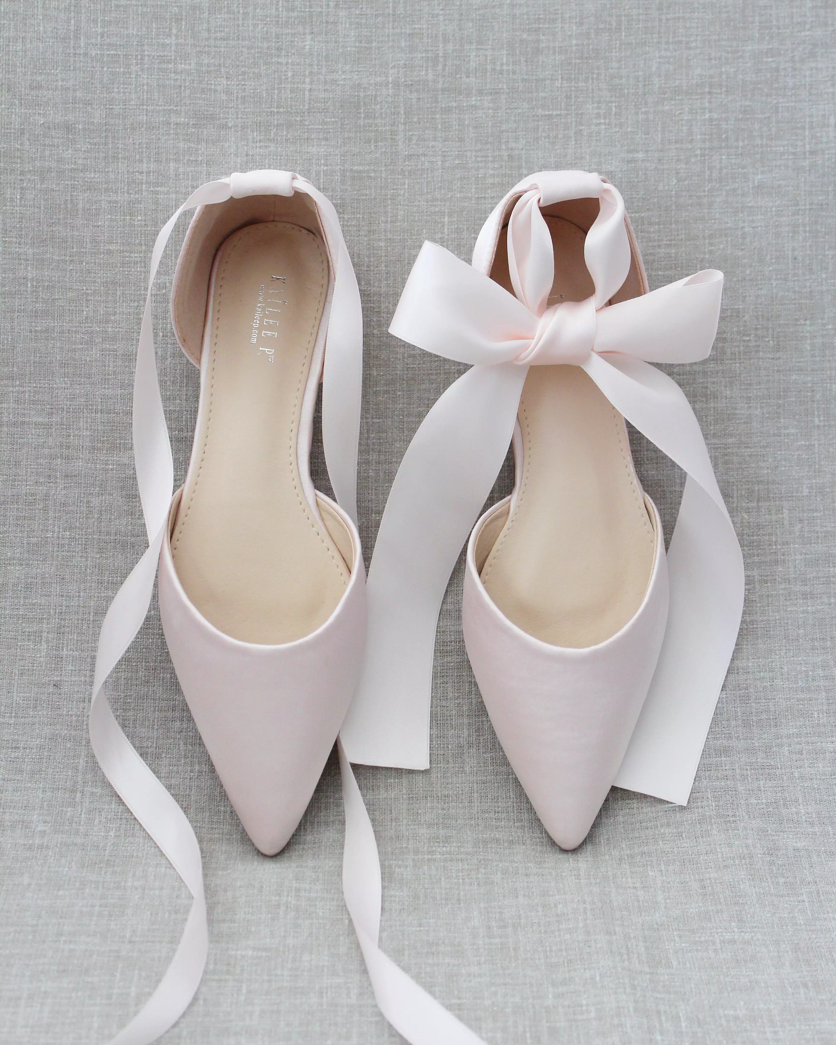 Dusty Pink Satin Pointy Toe Flats with Satin Ankle Tie or Ballerina Lace Up