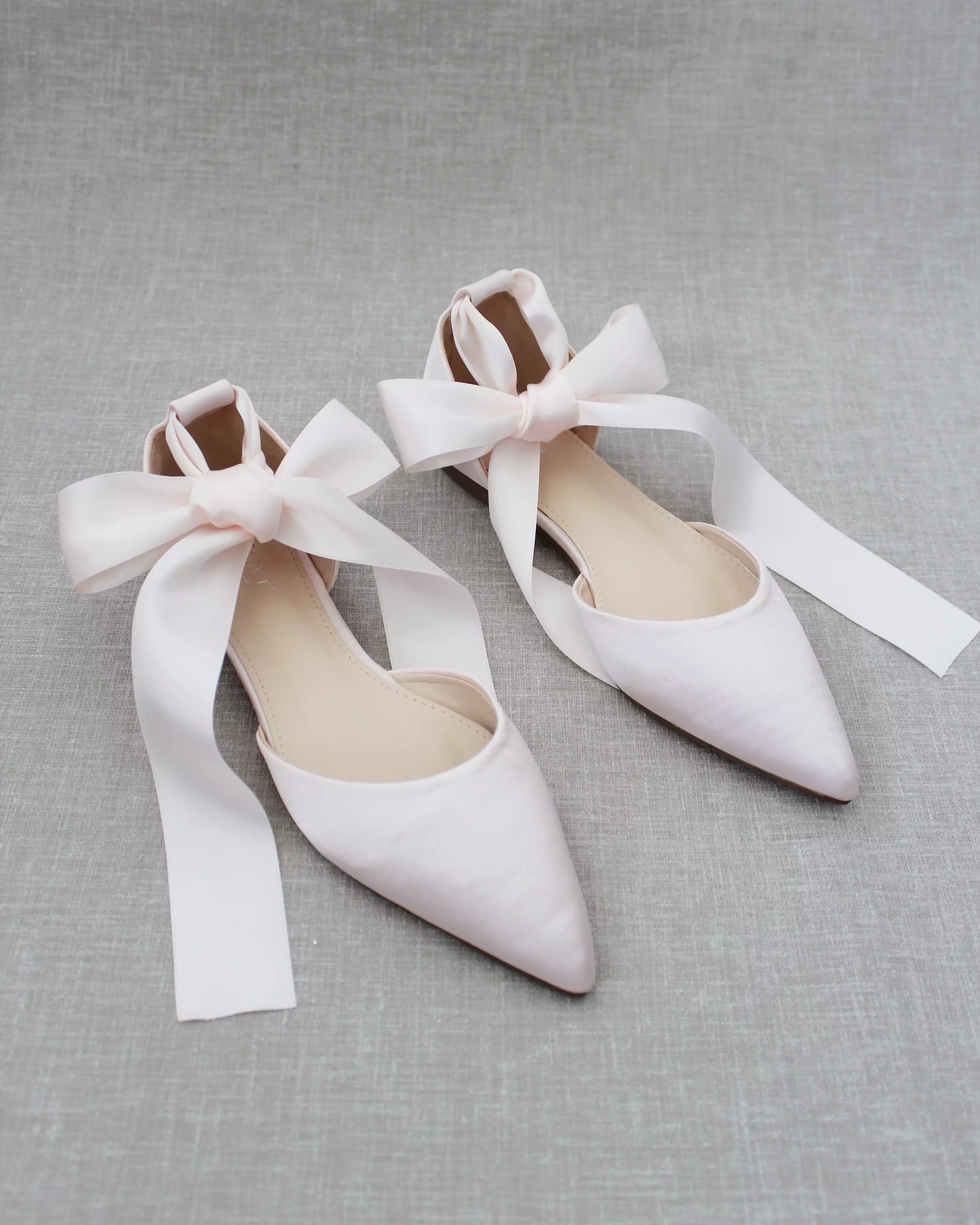 Dusty Pink Satin Pointy Toe Flats with Satin Ankle Tie or Ballerina Lace Up