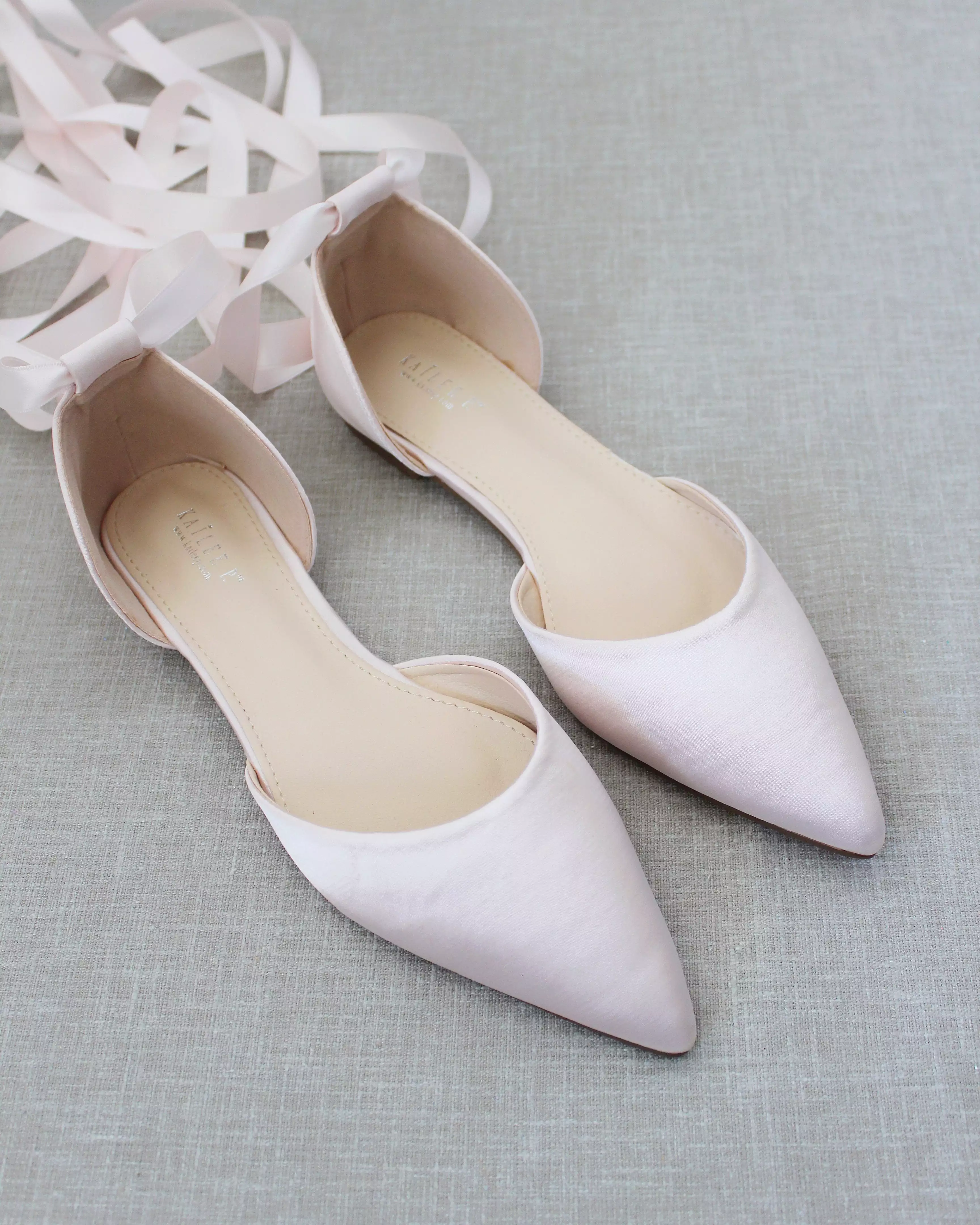 Dusty Pink Satin Pointy Toe Flats with Satin Ankle Tie or Ballerina Lace Up