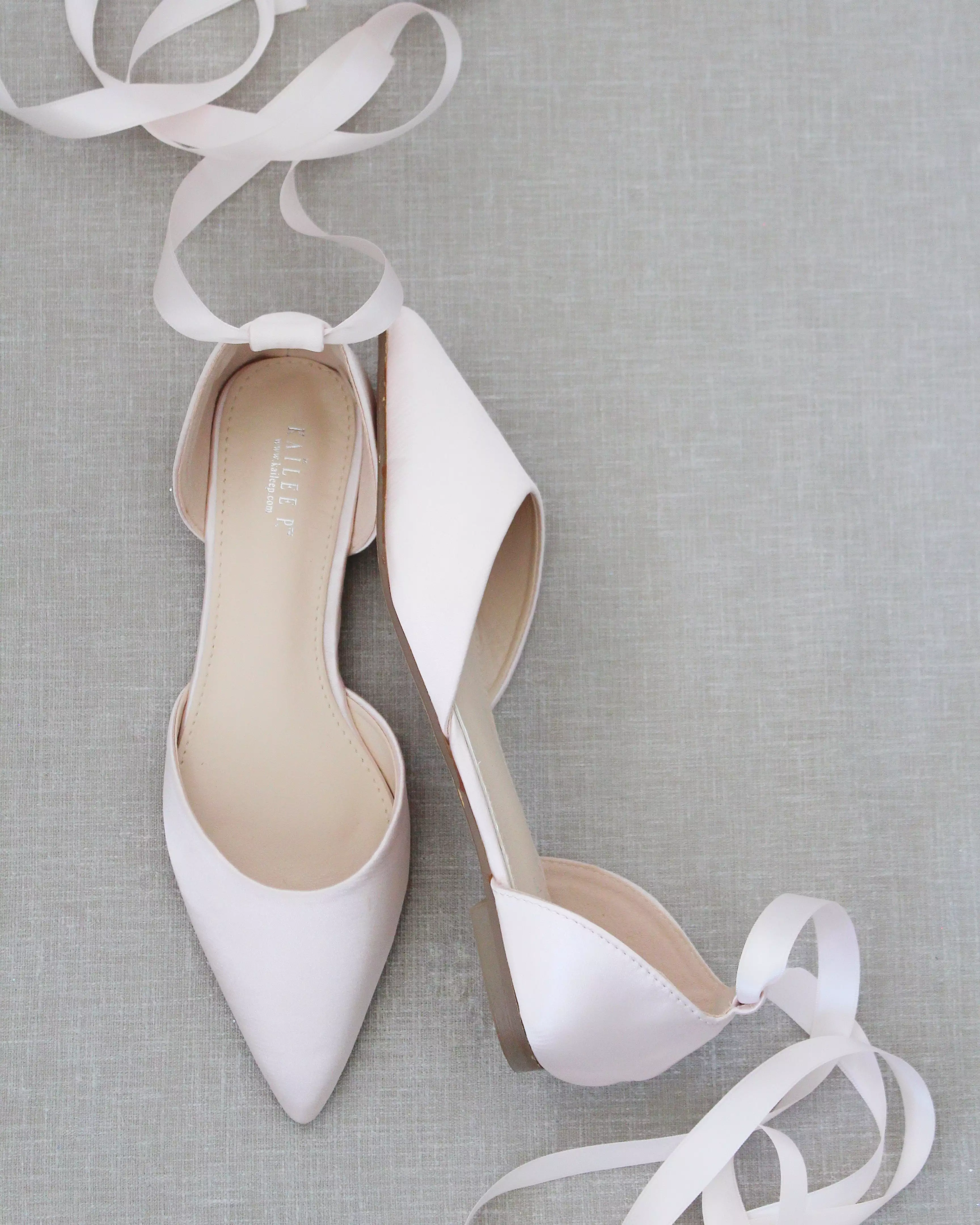 Dusty Pink Satin Pointy Toe Flats with Satin Ankle Tie or Ballerina Lace Up