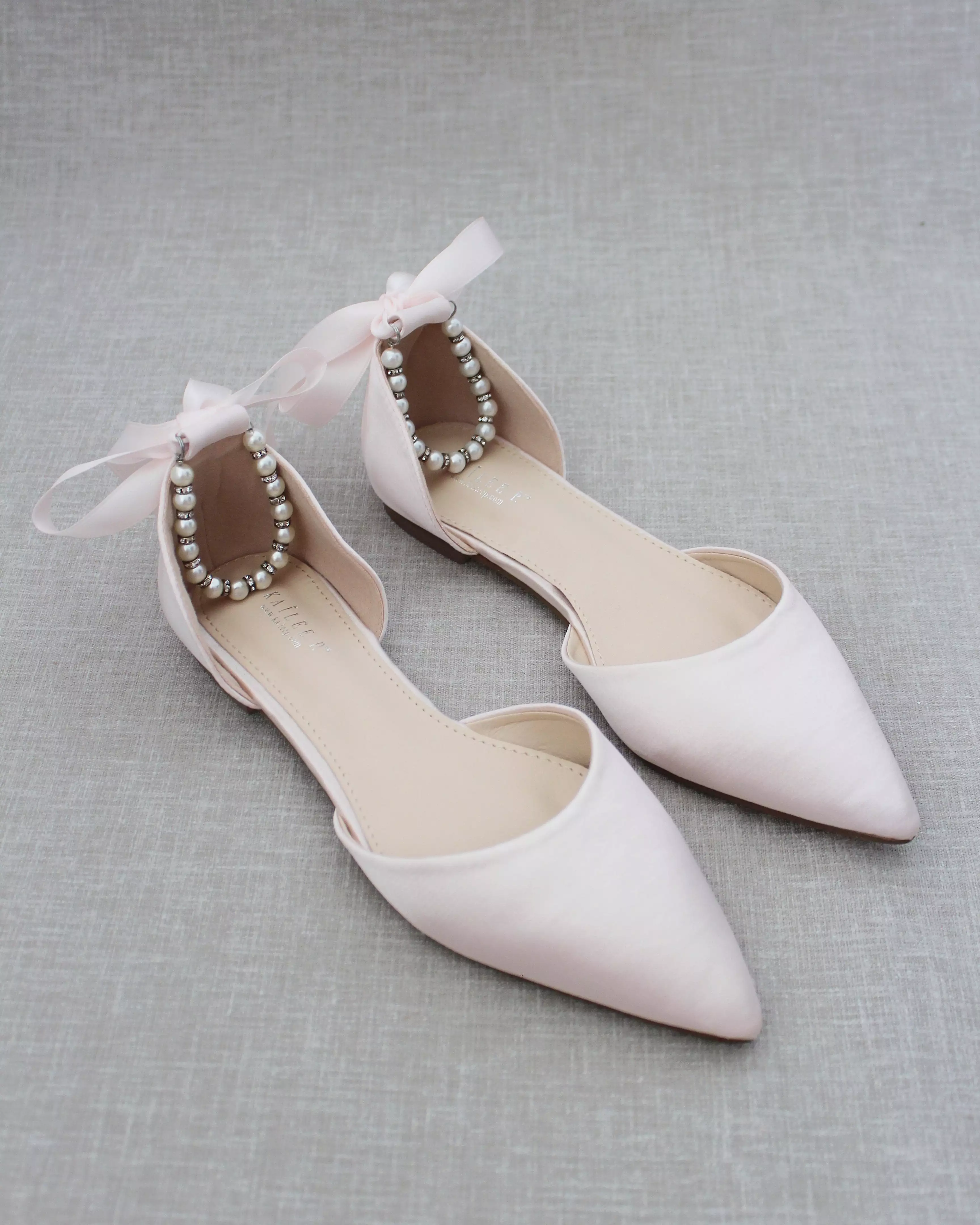 Dusty Pink Satin Pointy Toe Flats with Satin Ankle Tie or Ballerina Lace Up