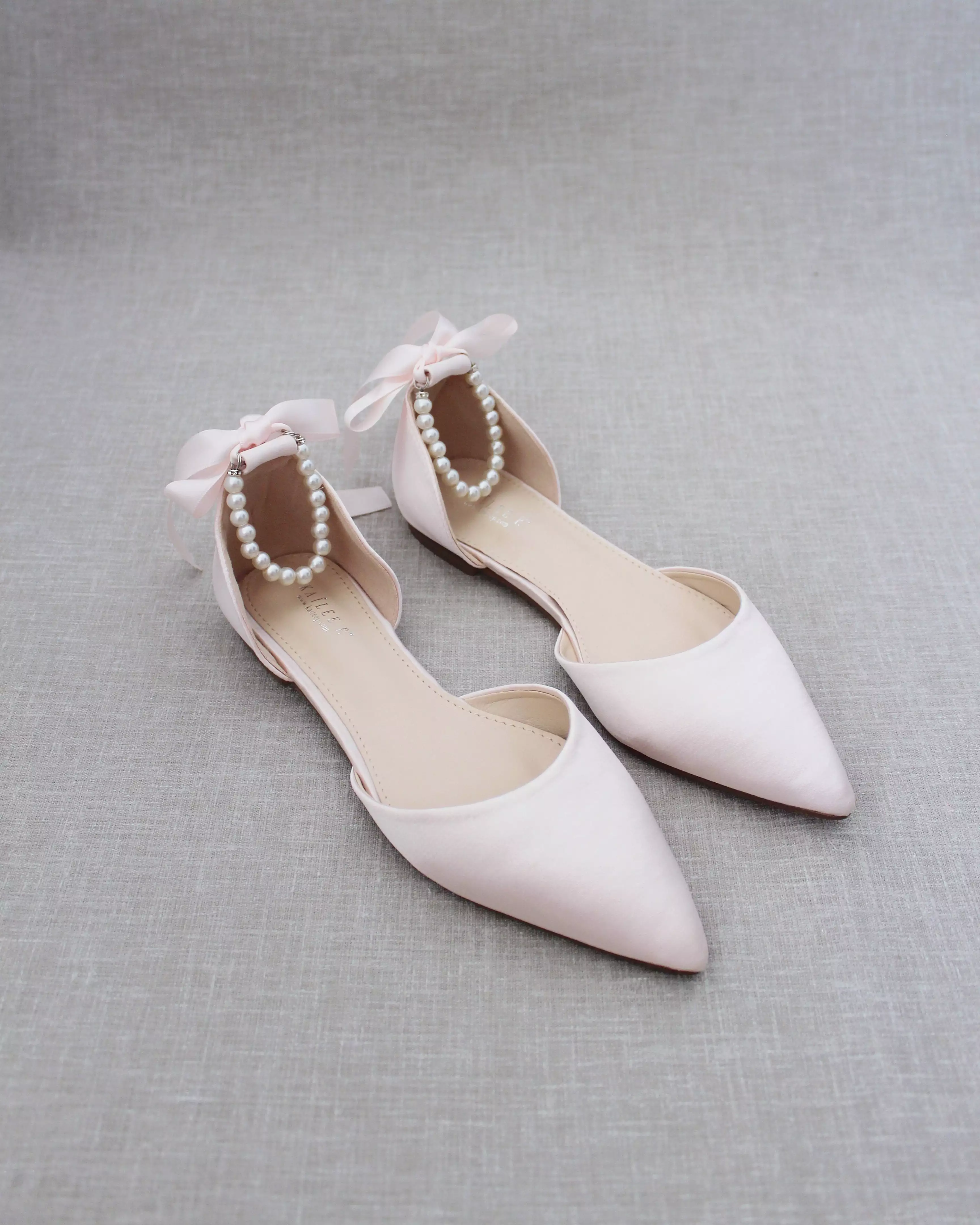 Dusty Pink Satin Pointy Toe Flats with Satin Ankle Tie or Ballerina Lace Up