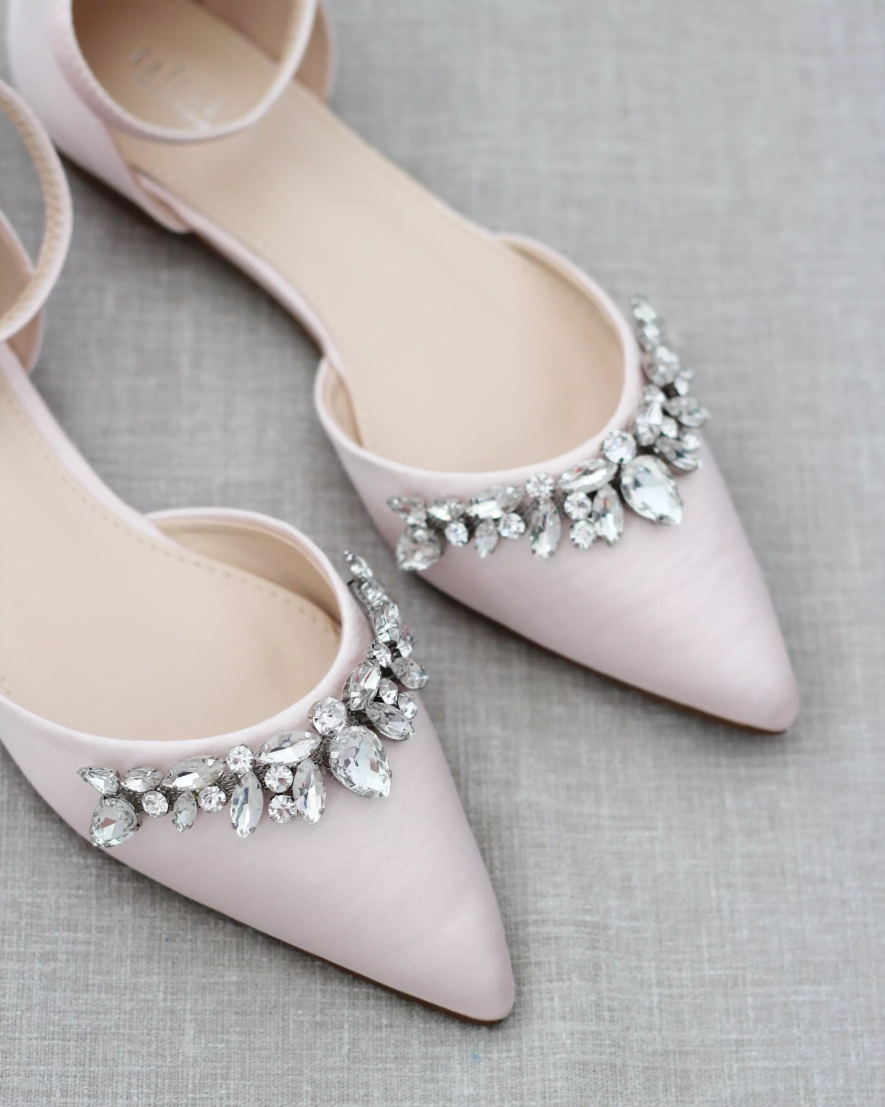 Dusty Pink Satin Pointy Toe Flats with Teardrop Rhinestones Embellishments